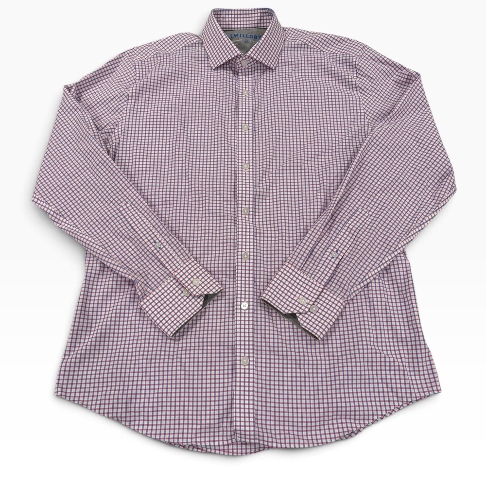Twillory Performance Dress Shirt Mens 16.5 34/35 Trim Fit BluePink Check Stretch